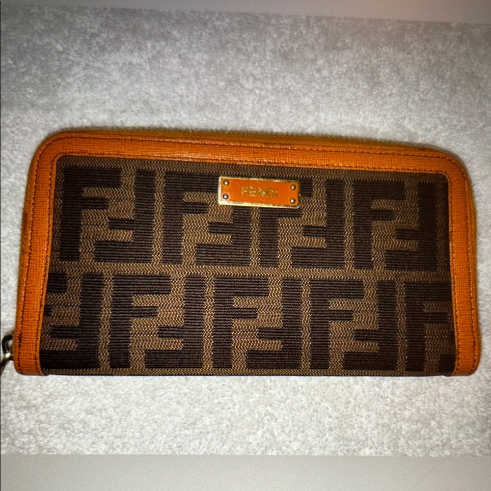 Fendi Tan and Brown Logo Wallet with orange leather trim